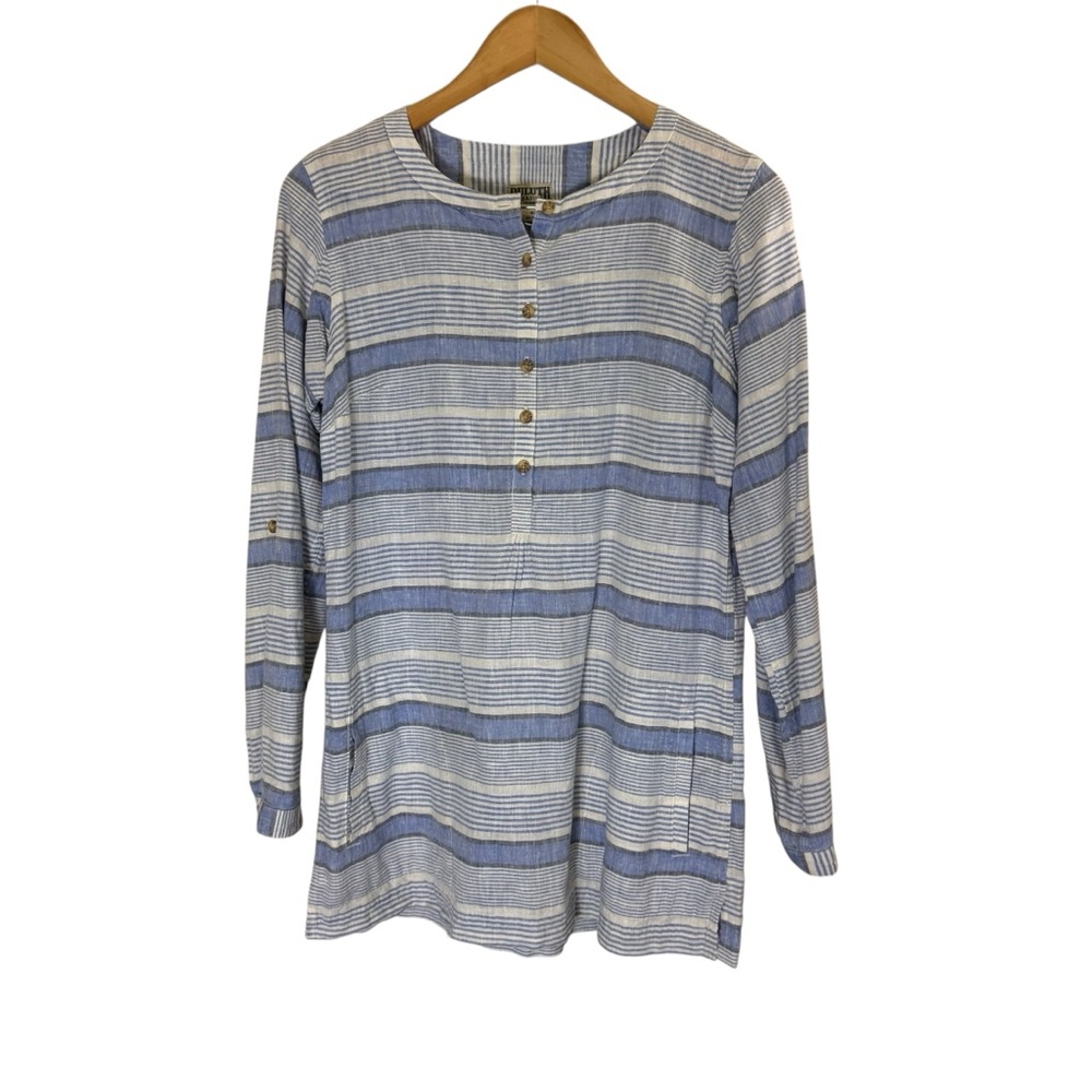Duluth Trading Co Women’s Organic Hemp Cotton Blue White Striped Button-Up sz S